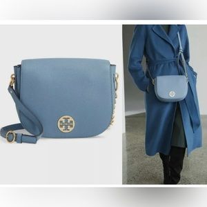 Tory Burch Everly Pebbled Leather Flap Saddle Bag - Blue Yonder